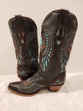 Corral Dark Brown Leather Boots Womens 8MTurquoise Angel Wing Inlays